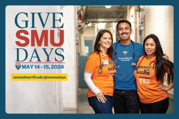Give SMU Days graphic with 3 students wearing orange and blue shirts.