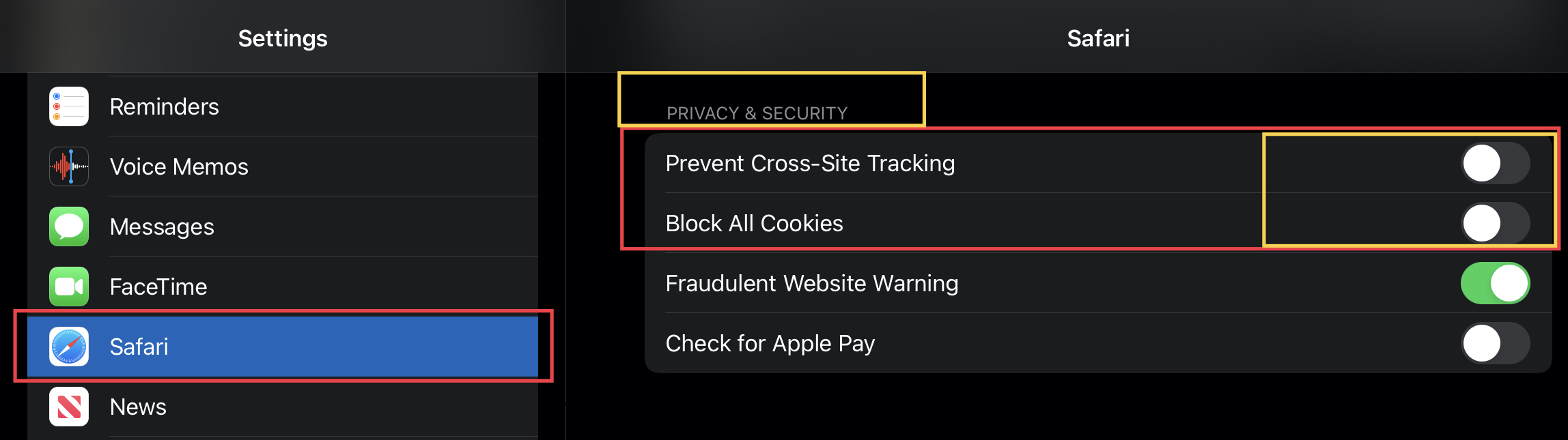 Gaphic: iOS Safari app settings. Turn off both, "prevent cross-site tracking" and "block all cookies".