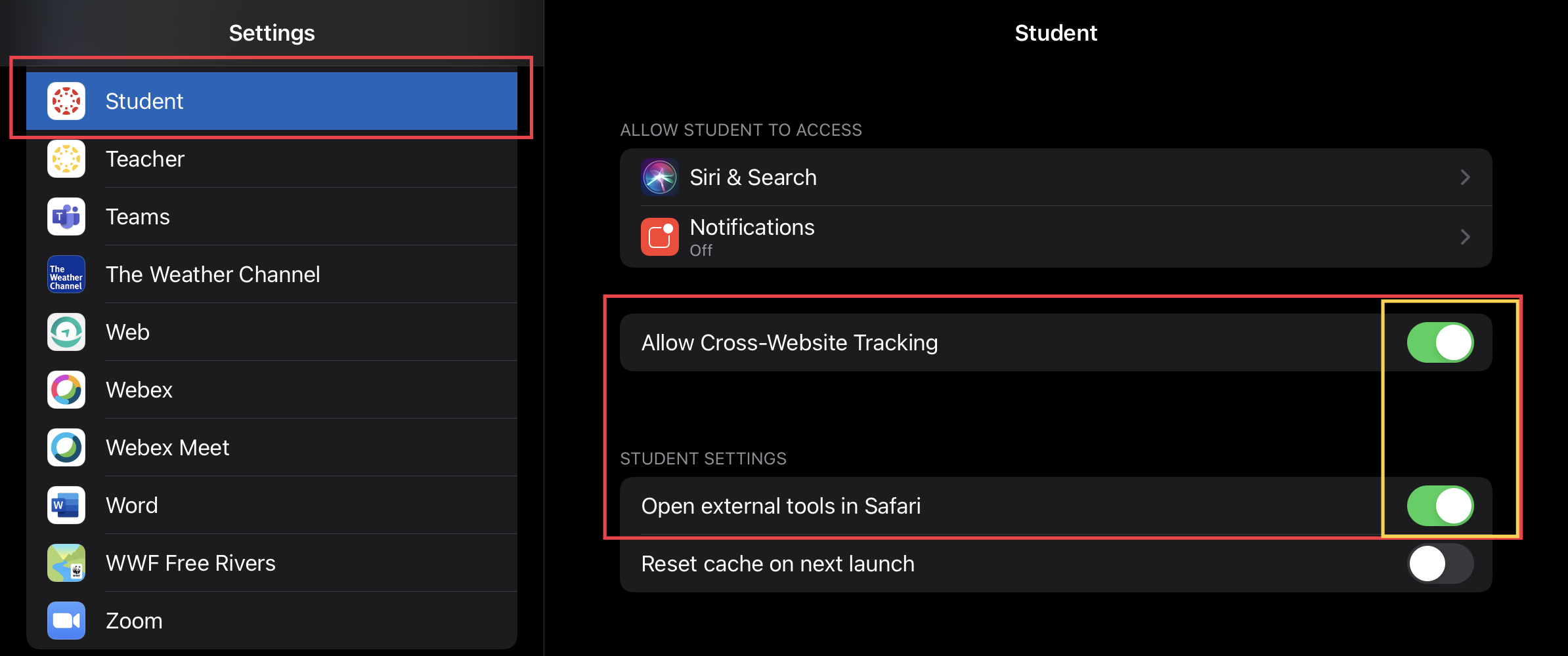 Gaphic: iOS Canvas Student app settings. Turn on both, "allow cross-website tracking" and "open external tools in Safari".