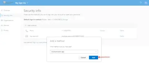 Screenshot of MFA App Method