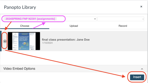 choose and insert panotpo video in assignment