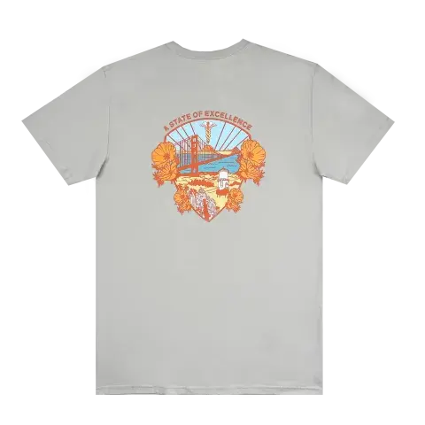 T-shirt graphic with orange poppies, a blue sky, blue ocean, the Golden Gate Bridge, CA capitol and a caduceus.