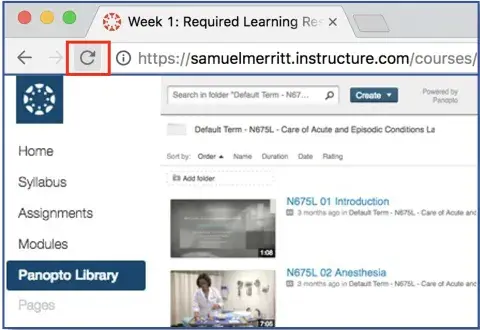 Panopto: Refresh browser landing in the Panopto Library tab for the course.