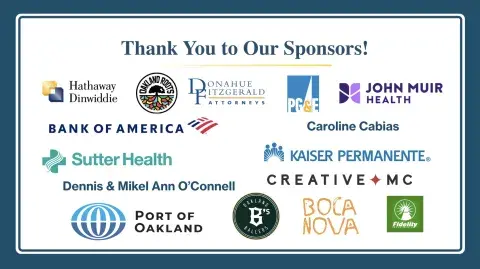 A sponsor recognition slide listing organizations such as Bank of America, Kaiser Permanente, Sutter Health, PG&E, John Muir Health, and others supporting the SMU Health Impact Awards.