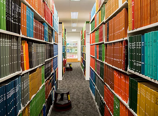 Book shelves in a library