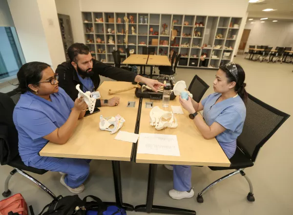 Students sitting around table in anatomy lab holding skeleton models