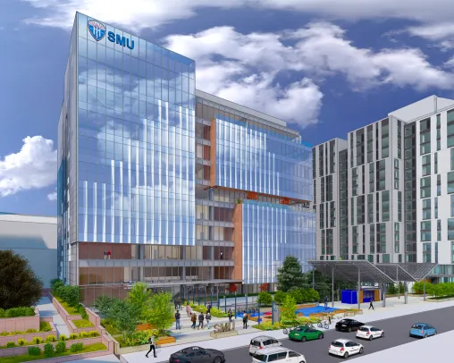 A rendering of Samuel Merritt University’s new Oakland City Center campus, a modern glass high-rise with reflective windows and orange architectural accents. People are walking and gathering in the landscaped plaza outside, surrounded by greenery, benches, and nearby buildings.