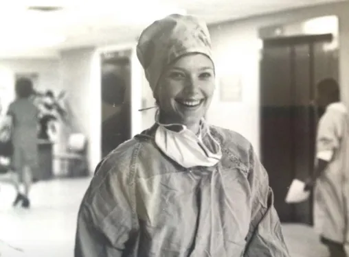 Rondi Crowley wearing scrubs in hospital