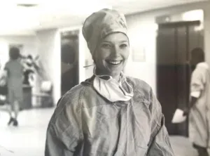 Rondi Crowley wearing scrubs in hospital