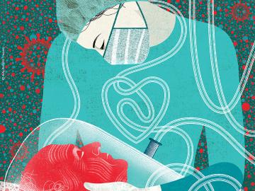 Nurse in surgical mask cares for a patient (illustration by Balbusso Twins).