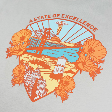 T-shirt graphic with orange poppies, a blue sky, blue ocean, the Golden Gate Bridge, CA capitol and a caduceus.