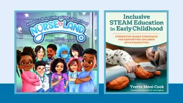 Image 1 (Adventures in Nursing: Landon and Tandy’s Journey Through Nurseland) Illustrated book cover featuring a diverse group of animated nurses and children standing together and smiling. The title “Adventures in Nursing: Landon and Tandy’s Journey Through Nurseland” appears in bold blue letters above the group. The book is written by Keisha Lewis-Nesbitt, MSN, Ed RN, and illustrated by DG.  Image 2 (Inclusive STEAM Education in Early Childhood) Book cover titled “Inclusive STEAM Education in Early Childh