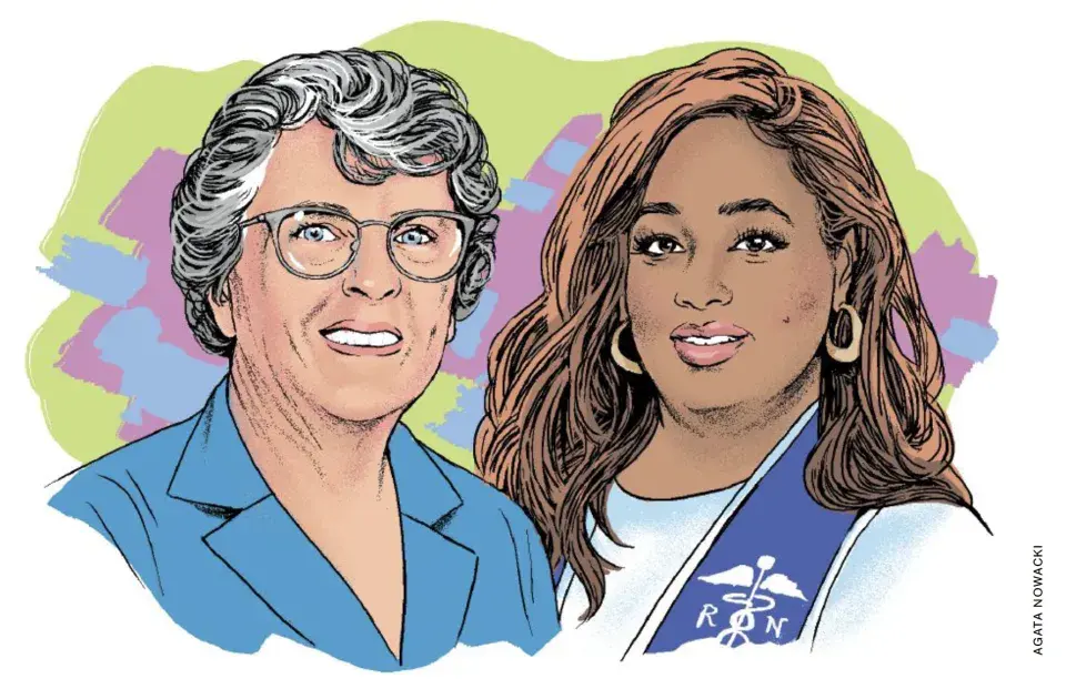 Color illustration of two women against a pastel green, pink, and blue abstract background. On the left, a woman with short gray hair, glasses, and a blue blazer smiles warmly. On the right, a woman with long auburn hair and hoop earrings wears a light blue top with a nursing stole that has an RN (Registered Nurse) symbol. Illustration by Agata Nowacki.