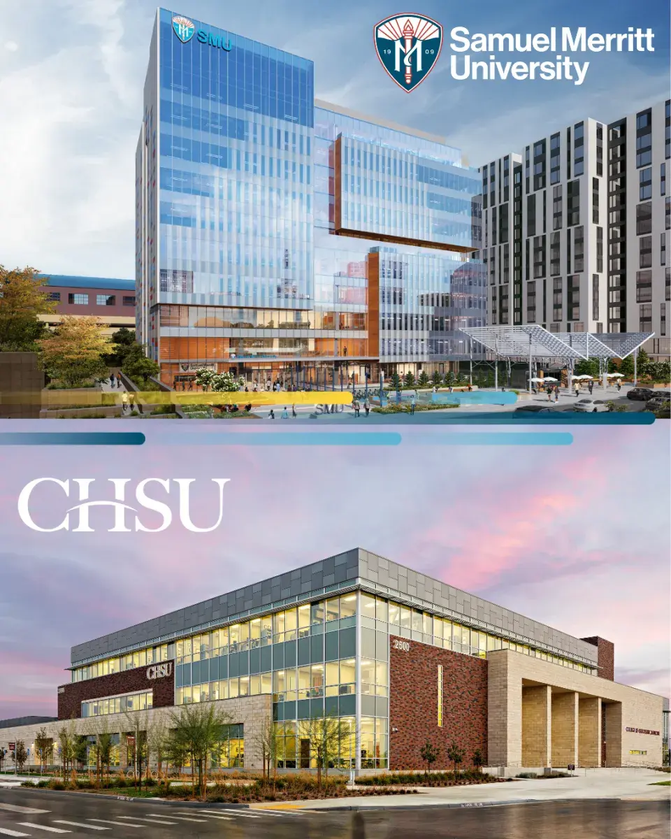 Side-by-side architectural renderings of two modern university buildings. The top image shows Samuel Merritt University’s upcoming 10-story Oakland City Center campus with a glass exterior, warm wood accents, and landscaped public plaza, featuring the SMU logo and shield at the top. The bottom image displays California Health Sciences University (CHSU)’s brick and glass College of Osteopathic Medicine building under a pink evening sky, with large windows and a contemporary facade.